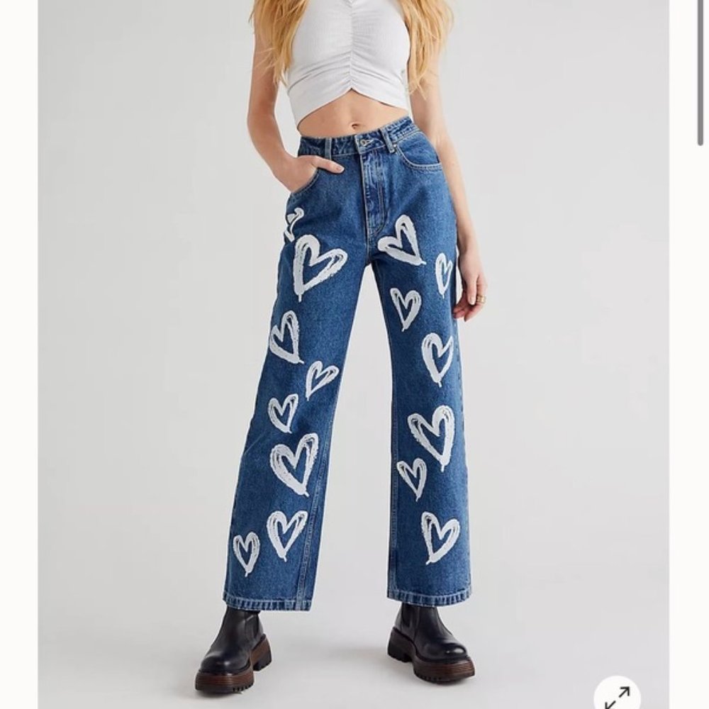 Free People Ragged Priest Dad Jeans Straight Hearts Graffiti Jeans Womens 24